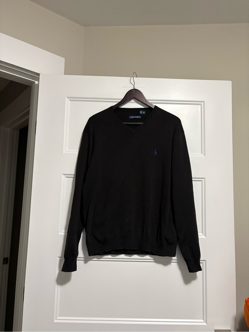 Polo by Ralph Lauren Black V-Neck Sweater with Purple Pony Embroidery